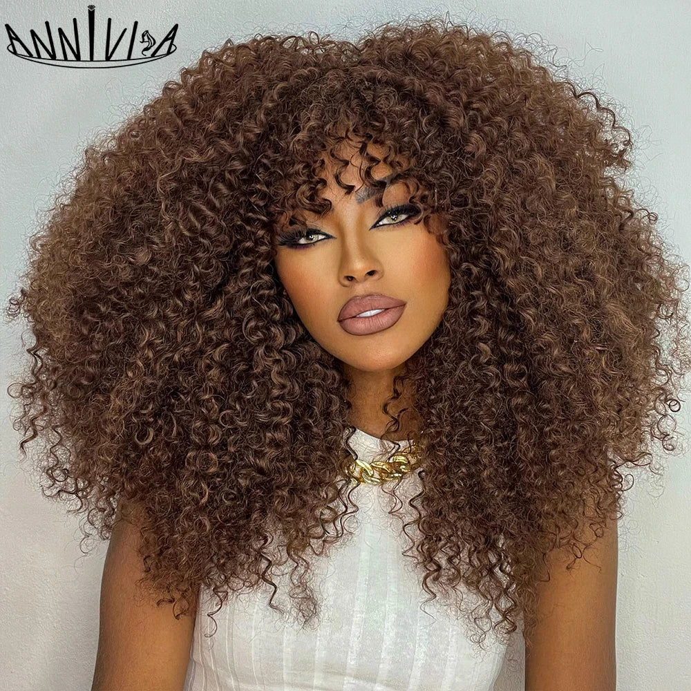 Synthetic Kinky Curly Wigs With Bangs - Various Colors Available