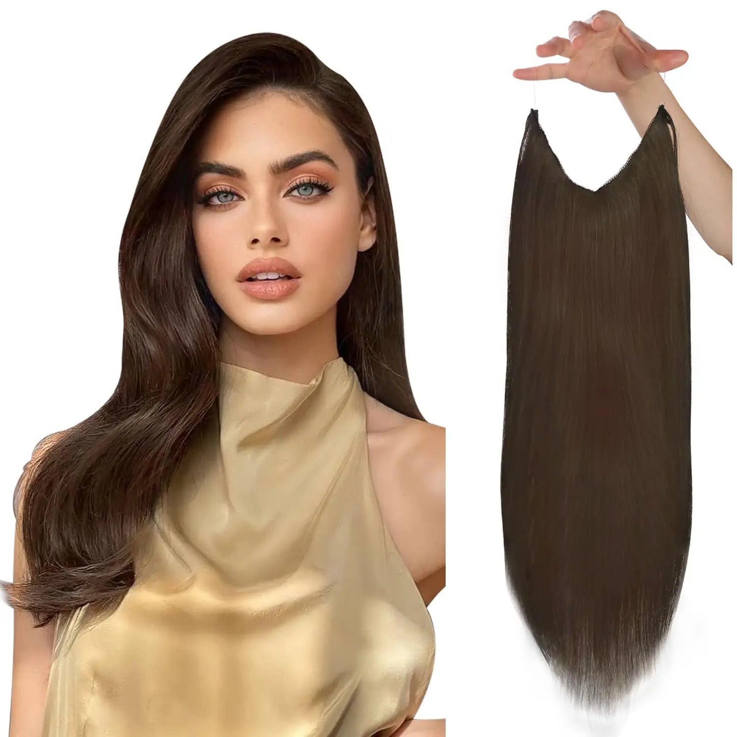 Fish Line Human Hair Extension - One Piece Invisible Wire Hair Weft with 2 Clips