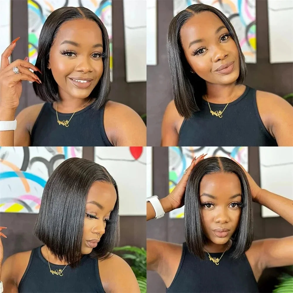 Straight Bob Human Hair Pre Plucked Frontal Lace Glueless Wigs