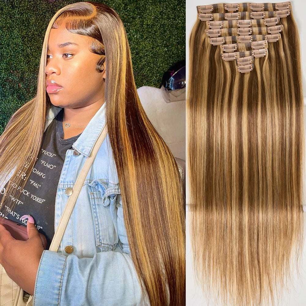 Straight Ombre Highlight Clip-in Human Hair Extensions 9pcs