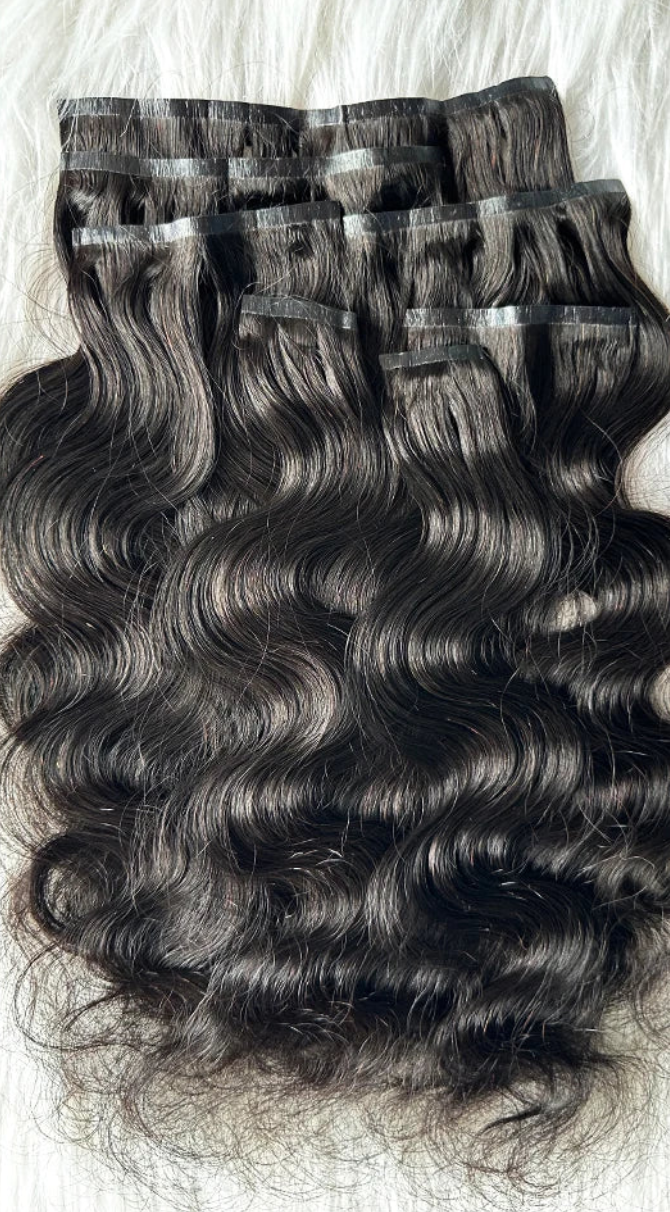Body Wave Invisible Seamless PU Clip In Human Hair Skin Weft 100-120g/7pcs Full Head