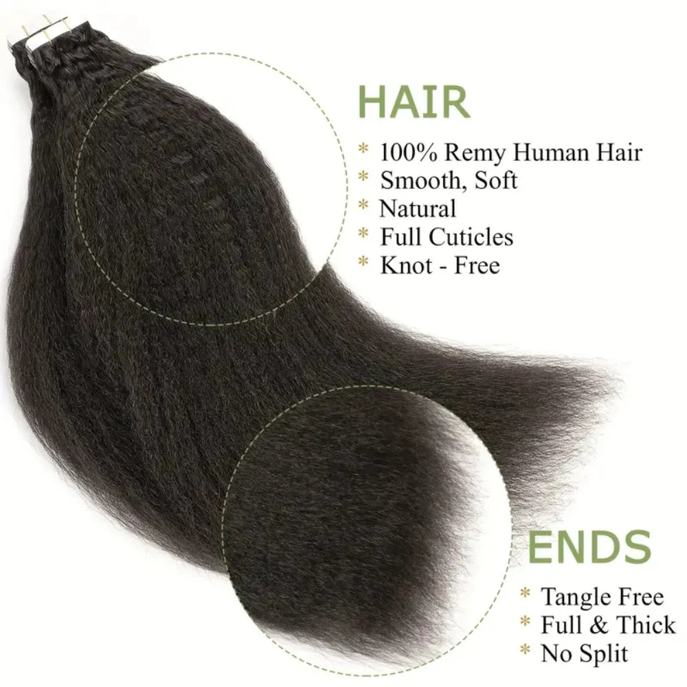 Yaki Straight Invisible Skin Weft 100% Remy Human Hair Natural Color Tape Ins