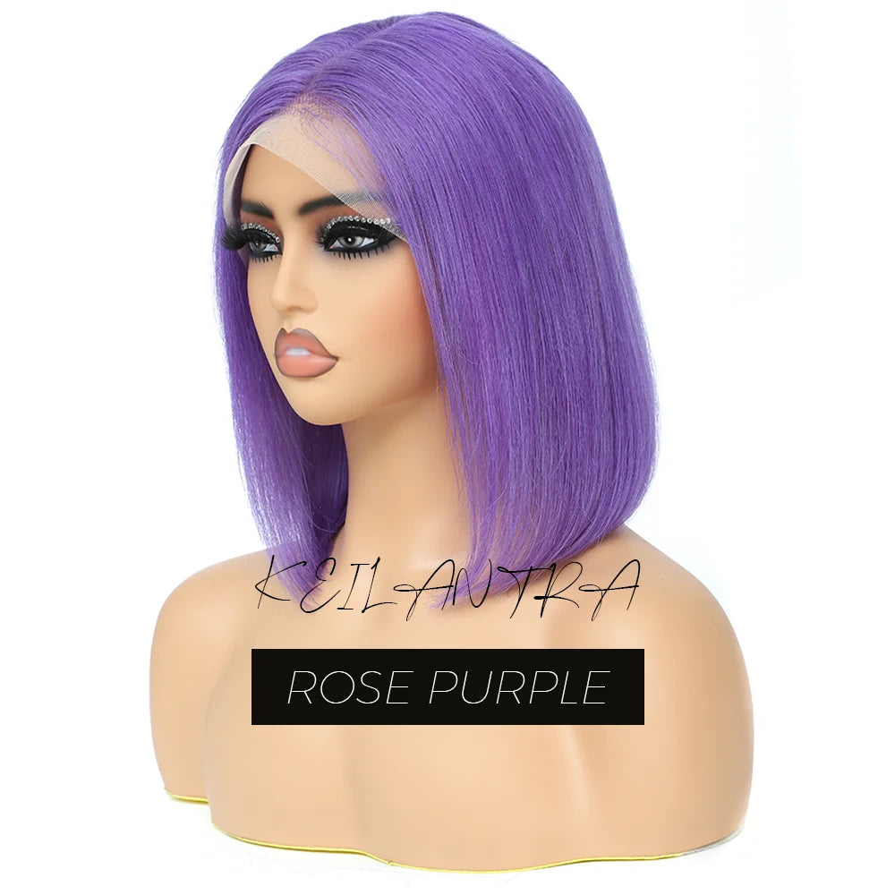 Rose Pink Short Straight Bob Pre Plucked HD Transparent Lace Front Human Hair Wig