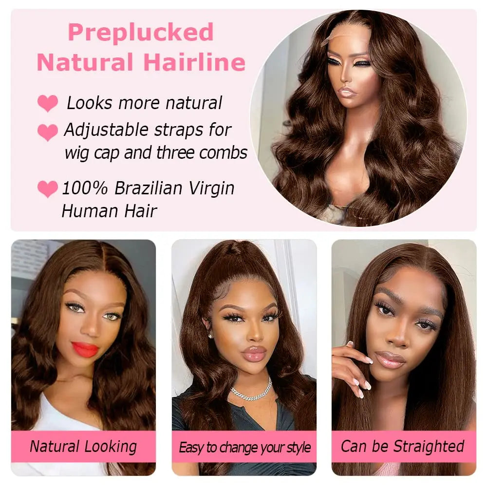 Brazilian Chocolate Brown Body Wave - Gluless HD Preplucked Lace Frontal Human Hair Wig
