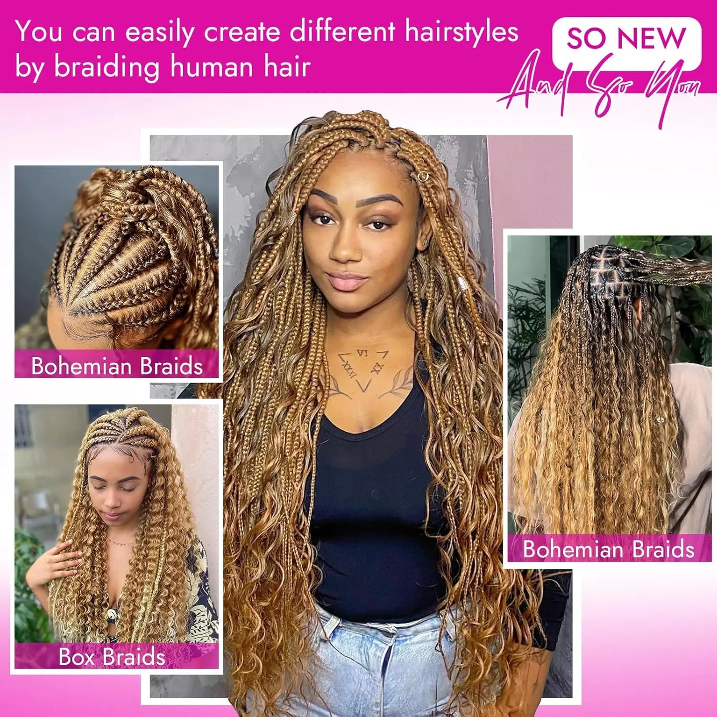 Deep Wave Unprocessed Human Hair for Braiding With No Weft (Boho Braiding) Various Colors & Lengths Available