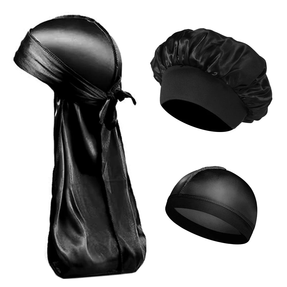 3PCS High Quality Satin Silky Unisex Bonnet, Head Wrap Elastic Band Cap, Durag, Sleeper Cap