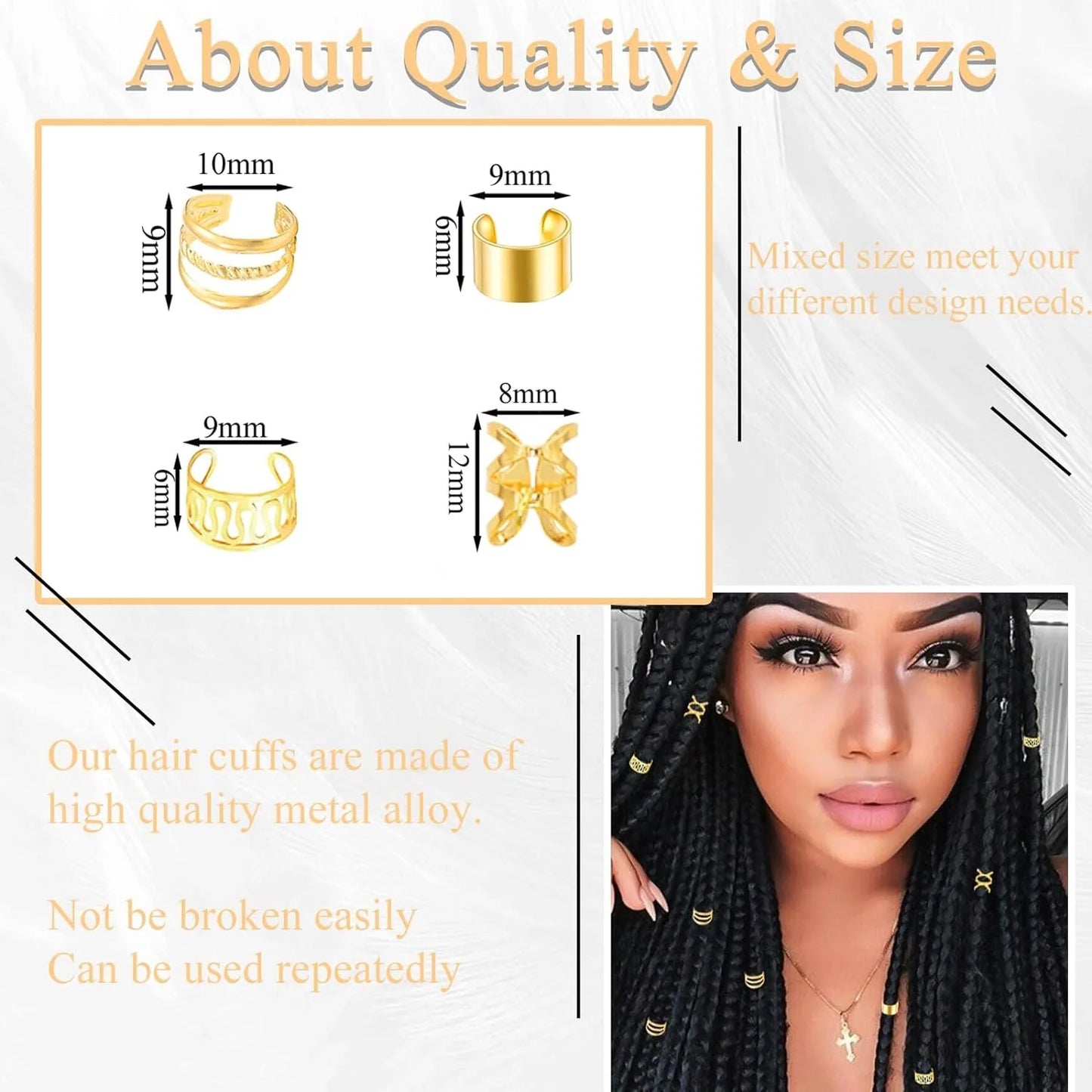 40PCS Gold and Silver Hair Cuffs Multi Style Rings Adjustable Hair Beads