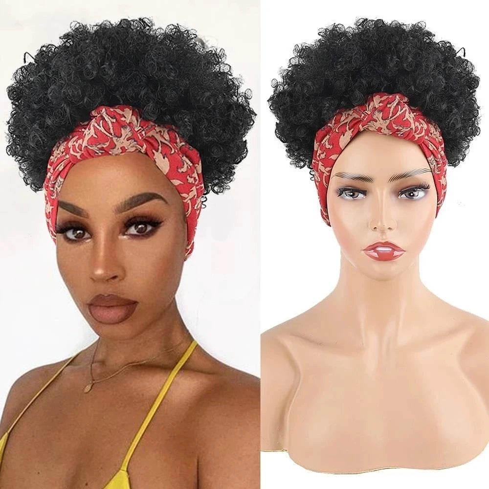 Short Kinky Curly Headband Synthetic Wigs With Bangs - Various Headband and Hair Colors Available