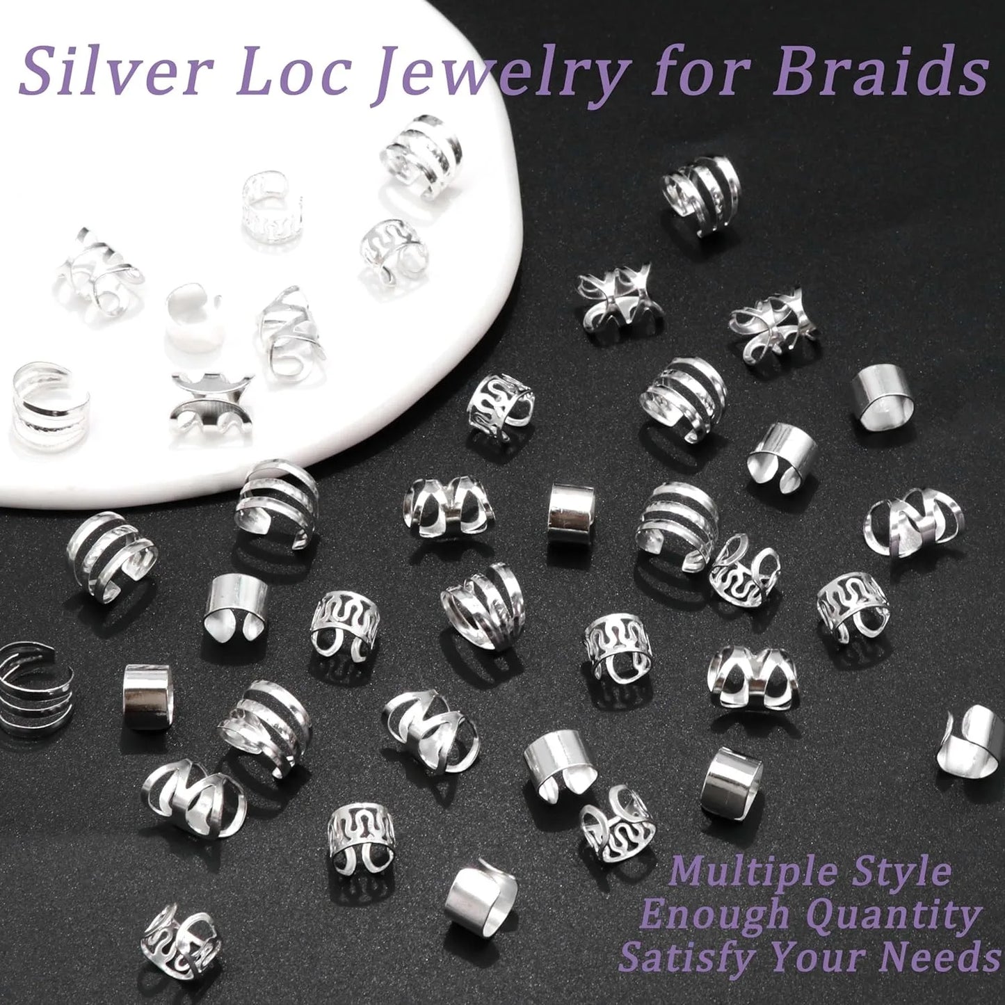 40PCS Gold and Silver Hair Cuffs Multi Style Rings Adjustable Hair Beads