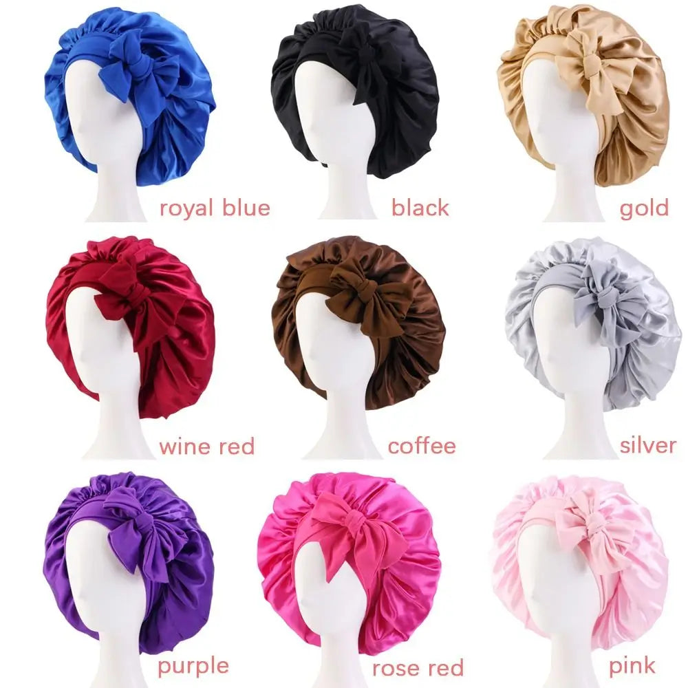 Silk Bonnet Sleeping Caps With Bow Headband