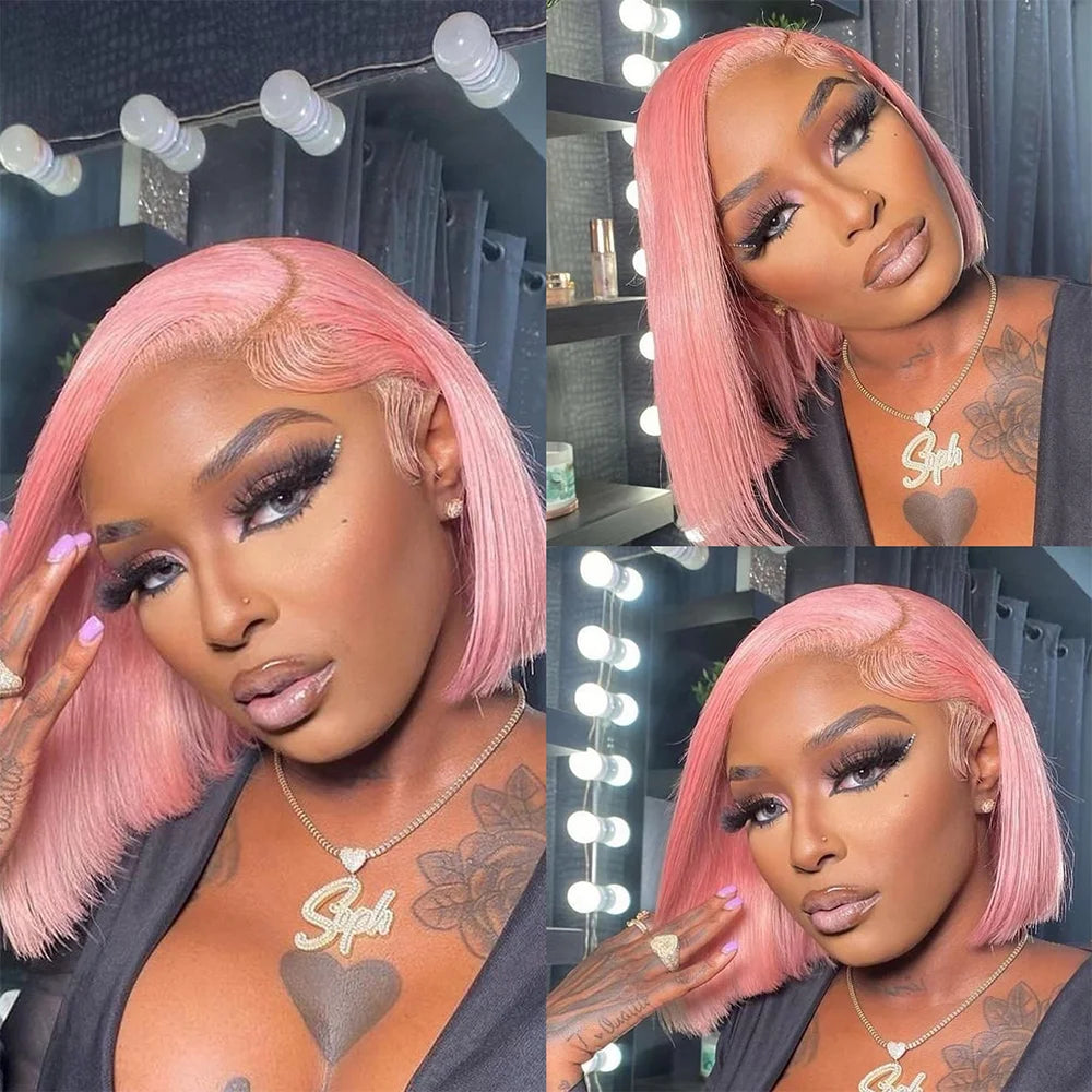 Rose Pink Short Straight Bob Pre Plucked HD Transparent Lace Front Human Hair Wig