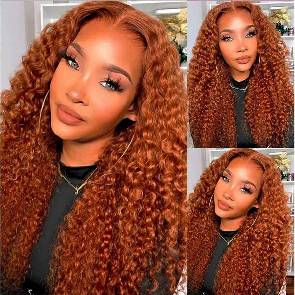 Ginger Orange Deep Water Curly Wave 100% Human Hair Brazilian Transparent Lace Frontal or Closures