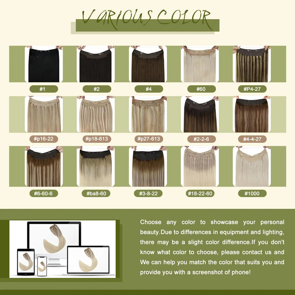 Fish Line Human Hair Extension - One Piece Invisible Wire Hair Weft with 2 Clips