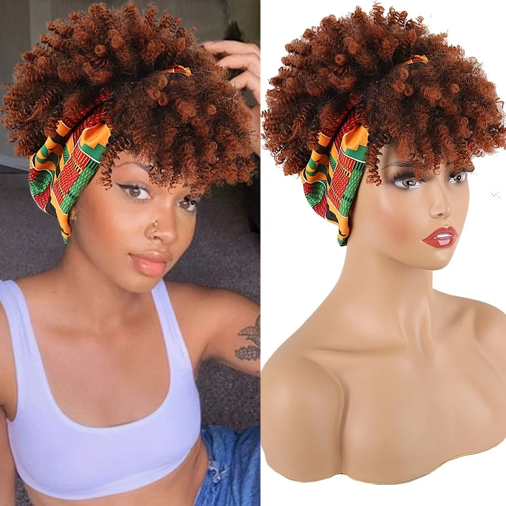 Short Kinky Curly Headband Synthetic Wigs With Bangs - Various Headband and Hair Colors Available