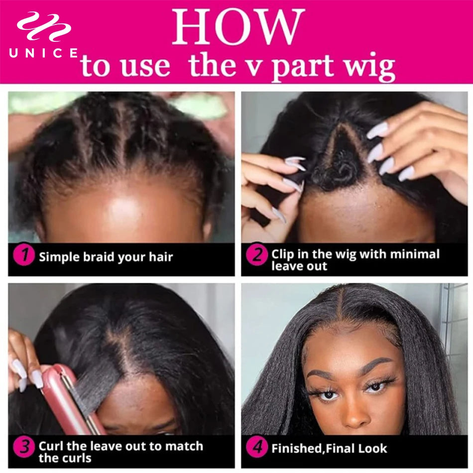 Kinky Straight V & U Part Human Hair Wigs With Drawstring and Minimal Leave Out