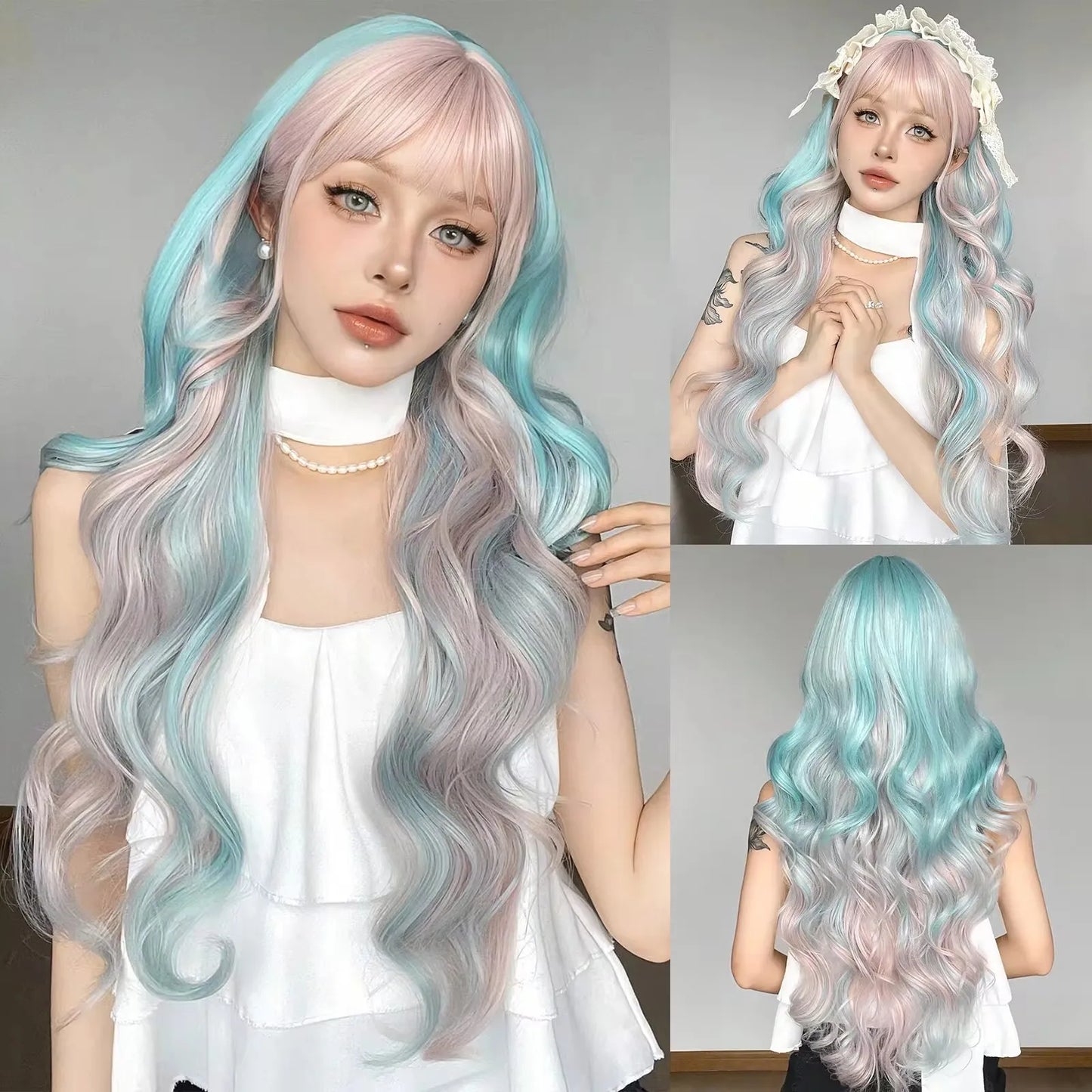 Long Curly Wavy Synthetic Wigs with Bangs
