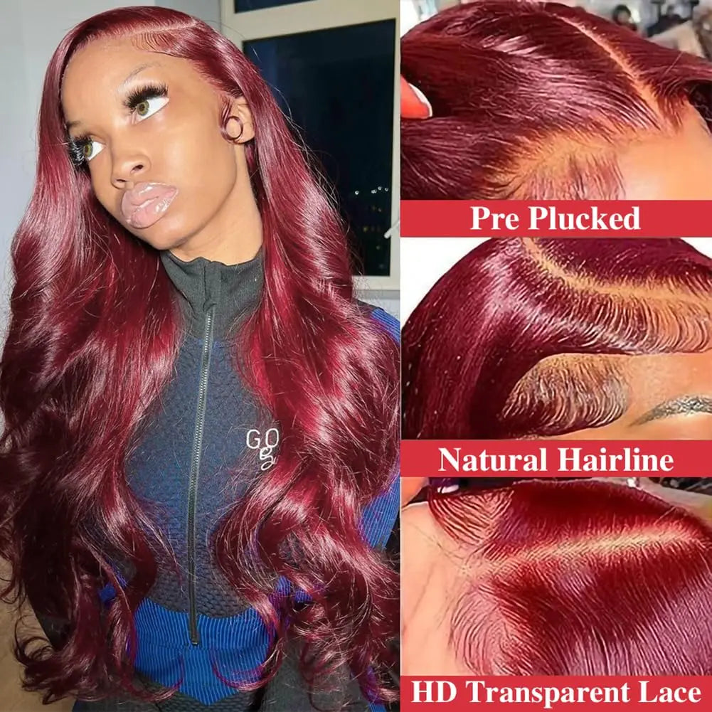 Burgundy Body Wave - Transparent HD Frontal Lace Human Hair Wig
