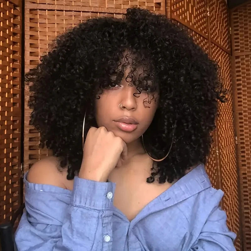 Synthetic 16 Inch Afro Kinky Curly Wigs With Bangs - Various Colors Available