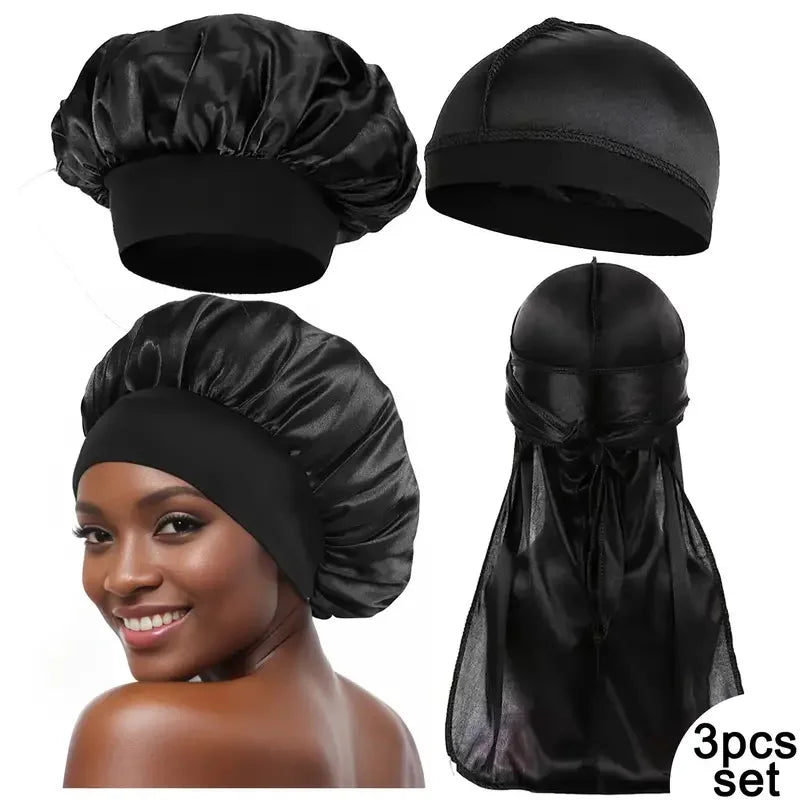 3PCS High Quality Satin Silky Unisex Bonnet, Head Wrap Elastic Band Cap, Durag, Sleeper Cap