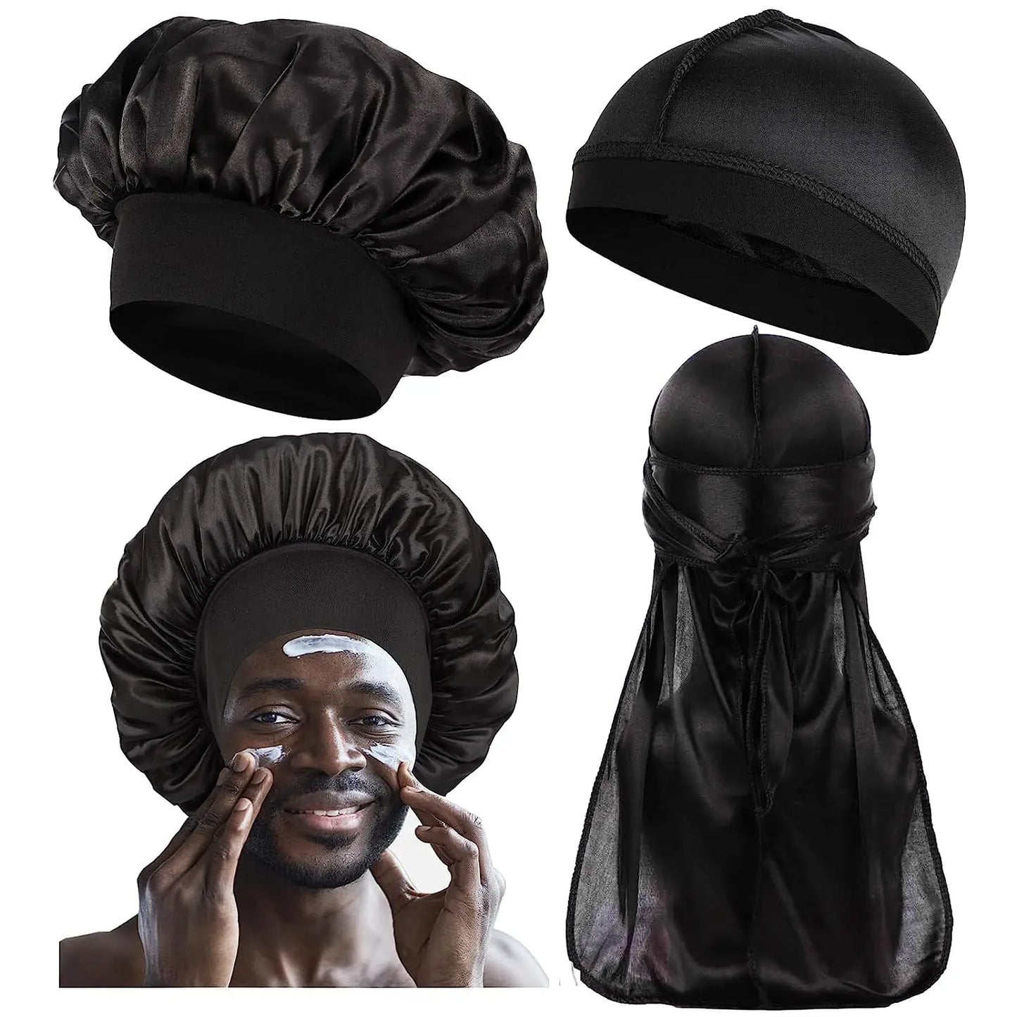 3PCS High Quality Satin Silky Unisex Bonnet, Head Wrap Elastic Band Cap, Durag, Sleeper Cap