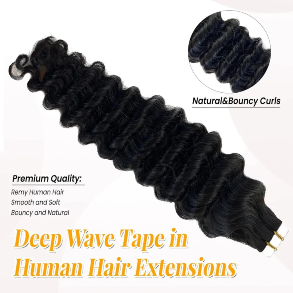 Brazilian Curly Deep Wave Invisible Human Hair Tape Ins