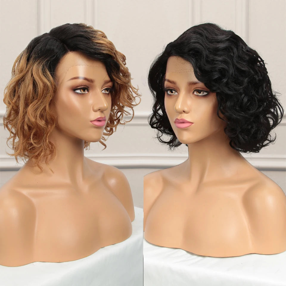 Short Curly Wave Bob Transparent Lace Front Human Hair Wigs - Various Colors Available