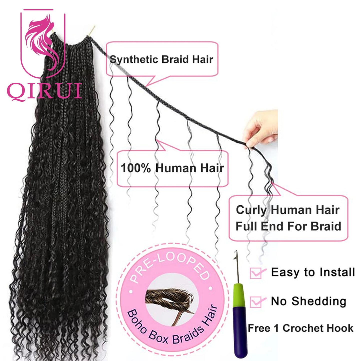 Crochet Boho Curly Human Hair Braids - Pre Looped