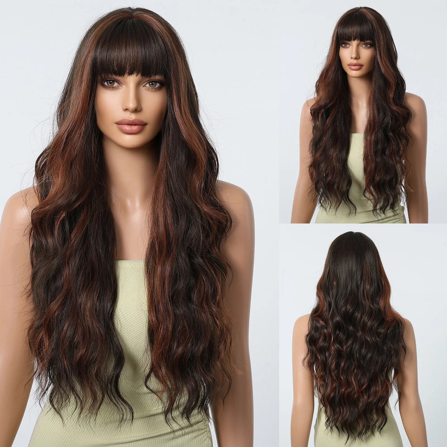 Long Wavy Synthetic Hair Wigs with Bangs - Various Colors Available