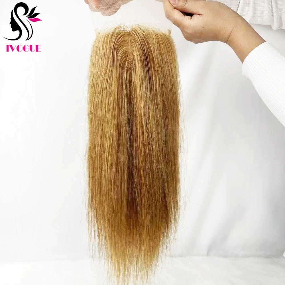 Golden Blonde #27 Human Hair Skin Base Silicone Silk Top Lace Closure Pre Plucked with Baby Hair & Free Part