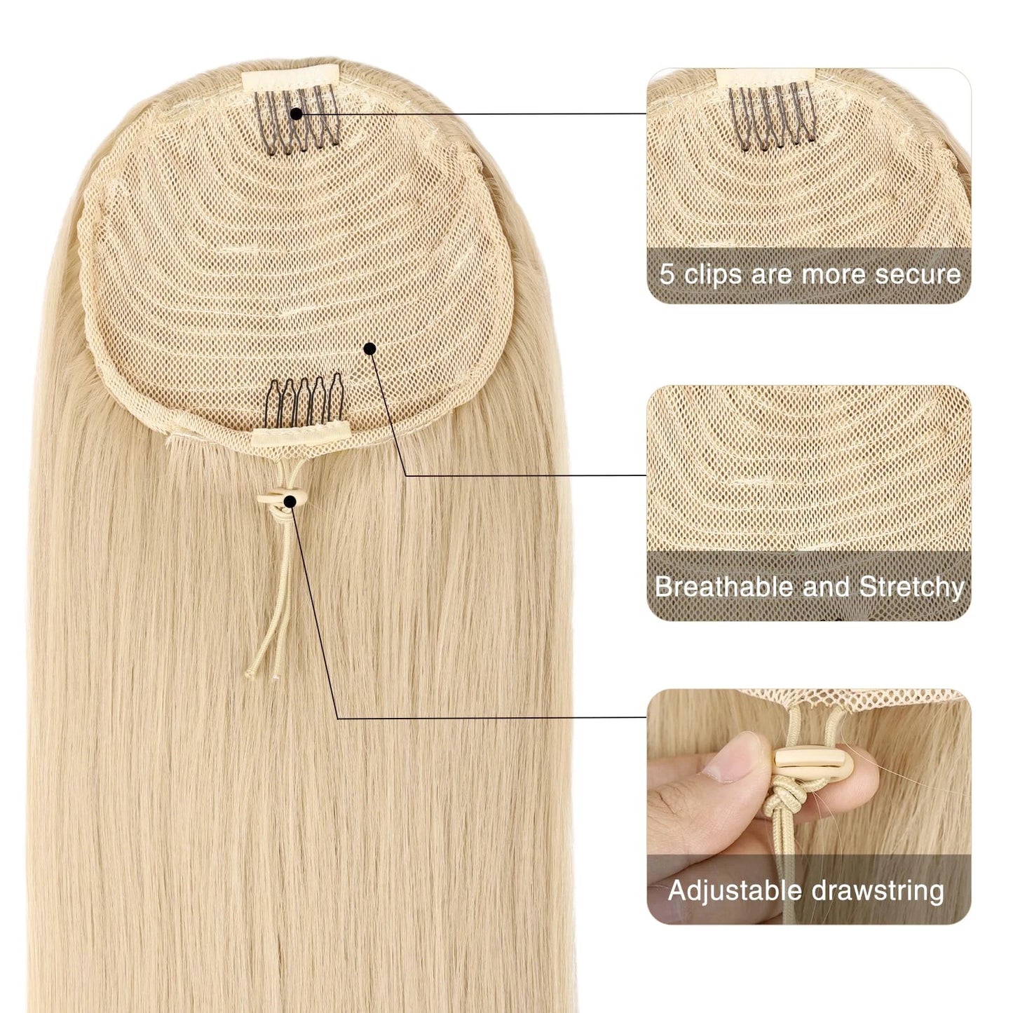 #613 Blonde Straight 100% Unprocessed Human Hair Drawstring Ponytail With Clip