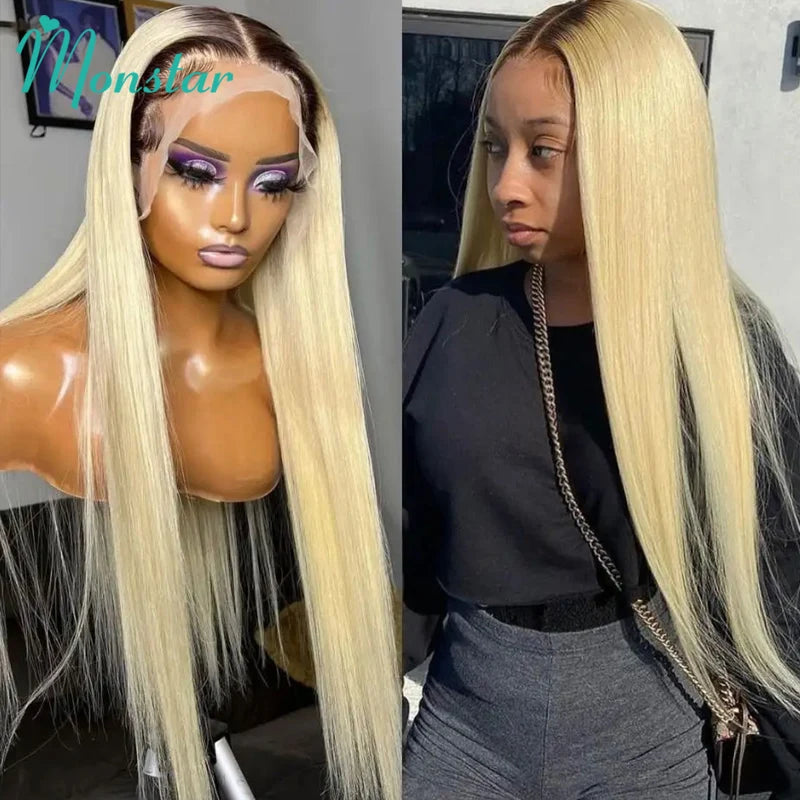Dark Root 1B 613 Ombre Blonde13 Brazilian Straight  - Full Lace Front Human Hair Wig