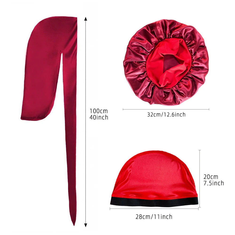 3PCS High Quality Satin Silky Unisex Bonnet, Head Wrap Elastic Band Cap, Durag, Sleeper Cap