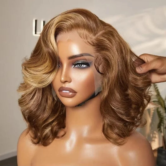Short Body Wave Honey Blonde Highlight Lace Front Bob Glueless Human Hair Wig
