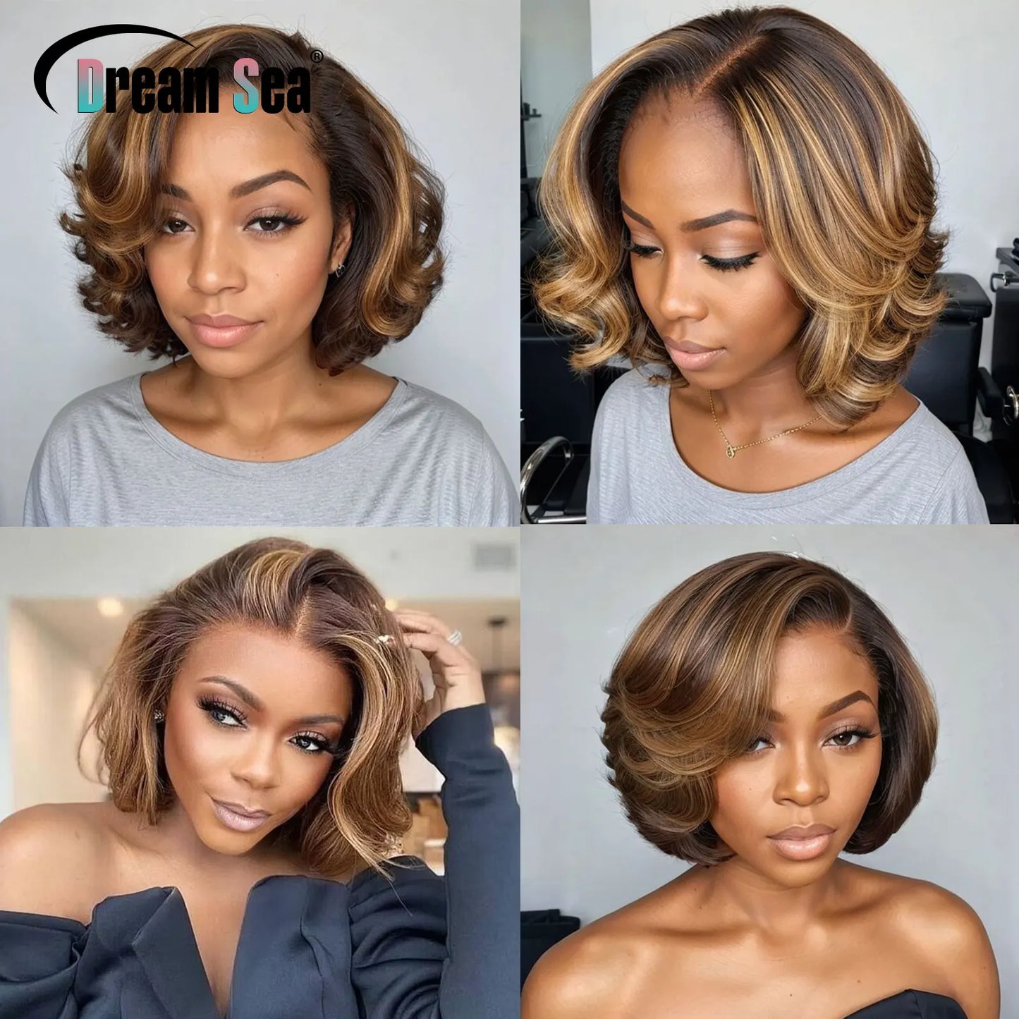 Short Pixie Cut Bob Lace Front Wig -  Blonde Highlight & Natural Colors Available