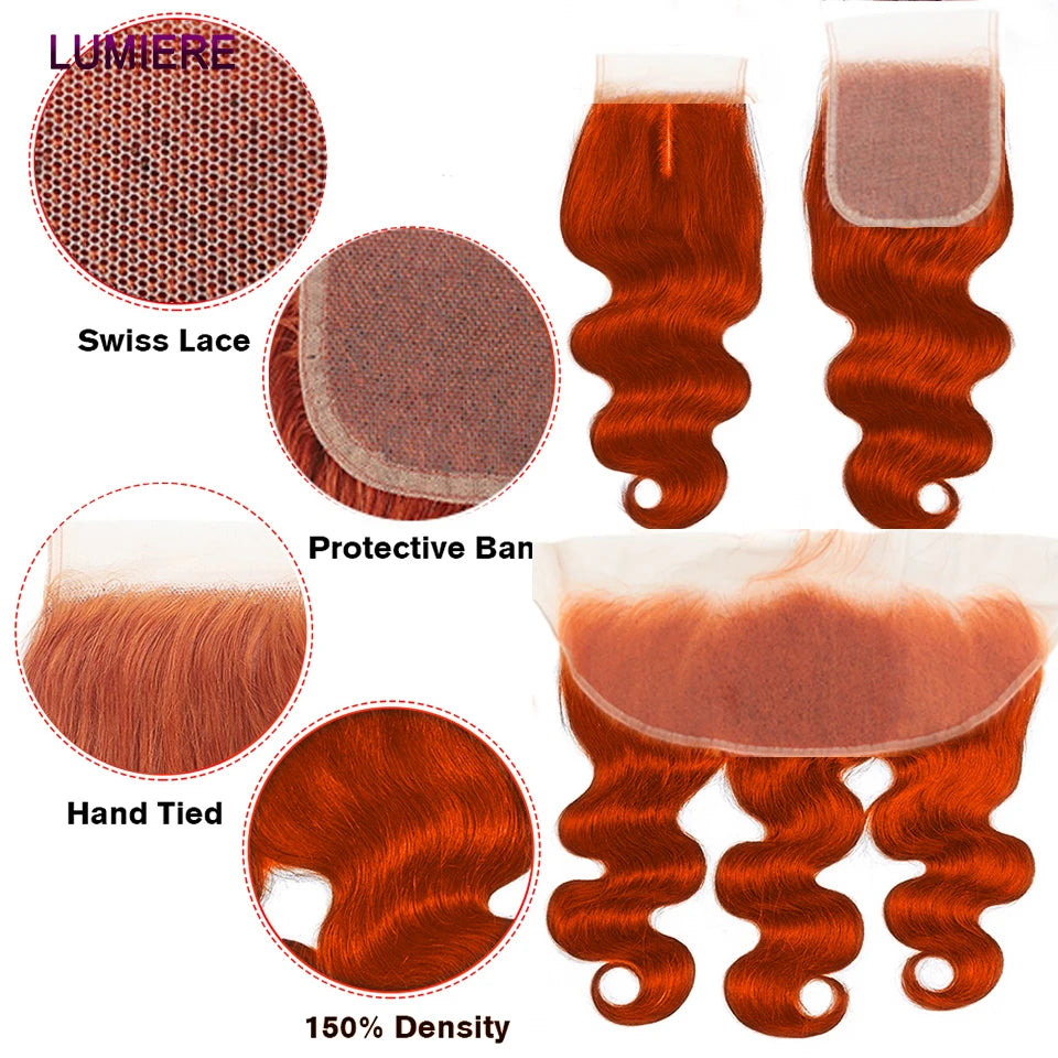 Ginger Orange Color Body Wave 100% Virgin Human Hair Lace Frontal  or HD Transparent Closure With Baby Hairs