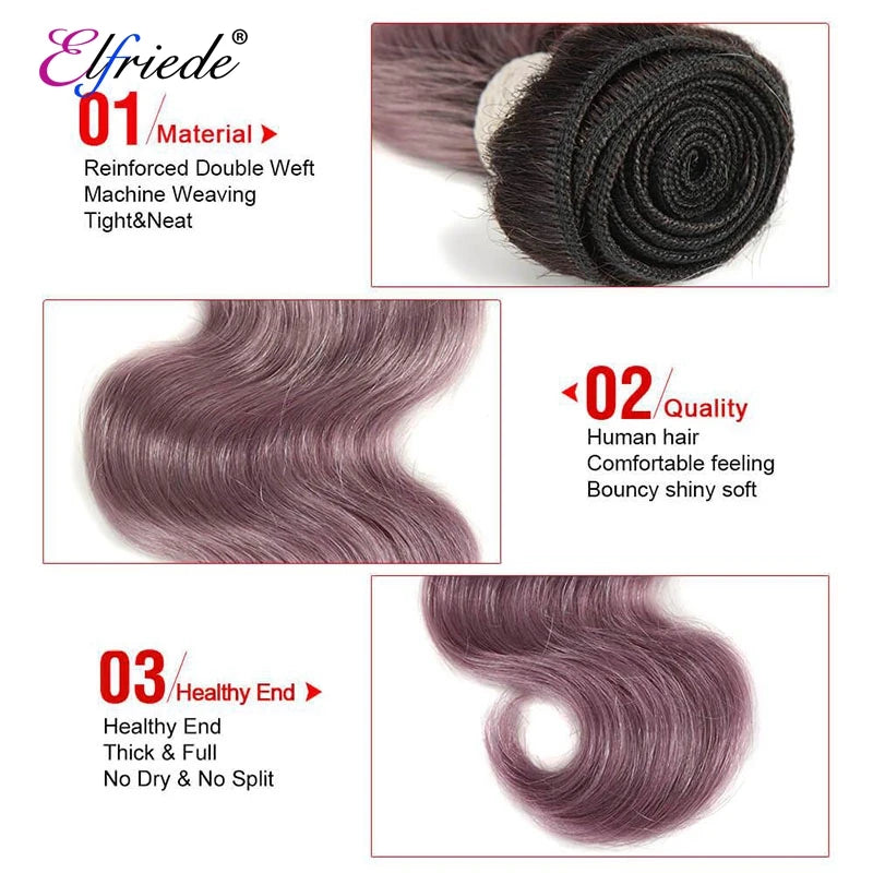 #1B/Dusty Pink Body Wave Hair Bundles with 4X4 Lace Closure - Human Hair