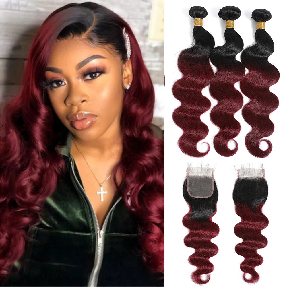 1B99J Body Wave Bundles With Closure Brazilian Human Hair