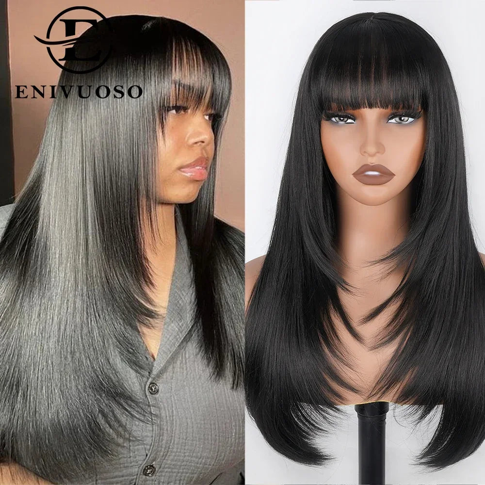 Synthetic Straight Layered Cut HD Lace Wigs With Bangs - Cinnamon and Black Colors Available