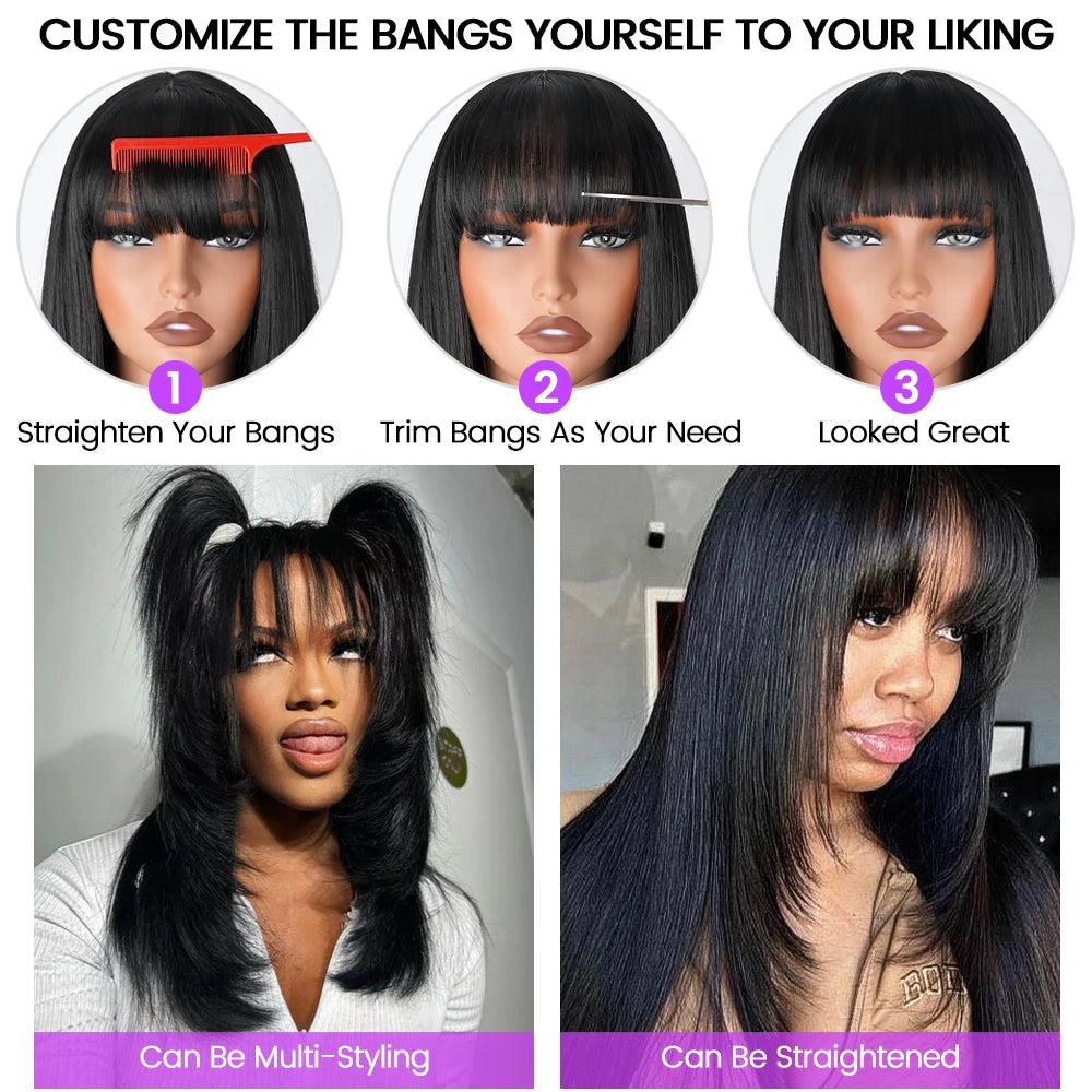 Synthetic Straight Layered Cut HD Lace Wigs With Bangs - Cinnamon and Black Colors Available