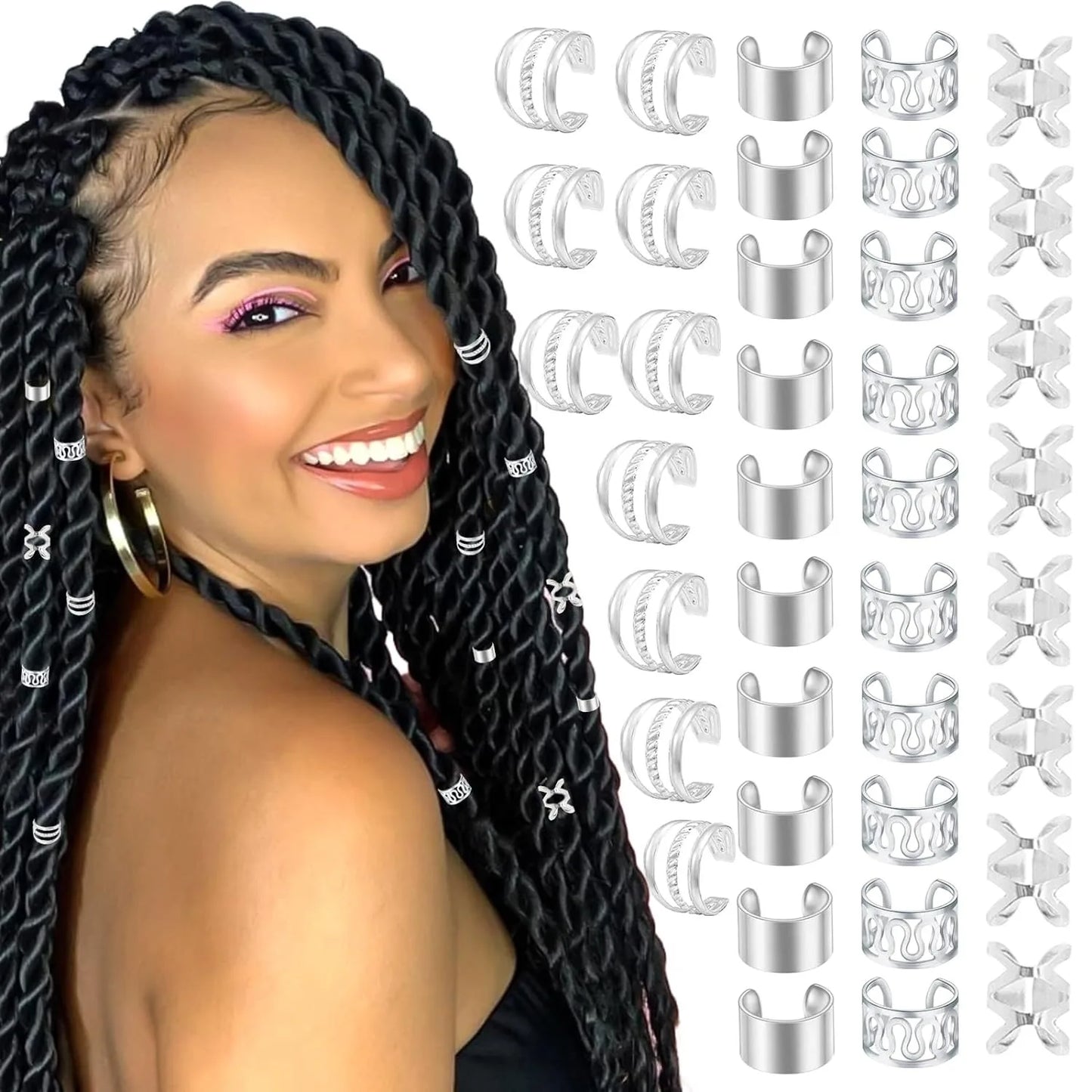 40PCS Gold and Silver Hair Cuffs Multi Style Rings Adjustable Hair Beads
