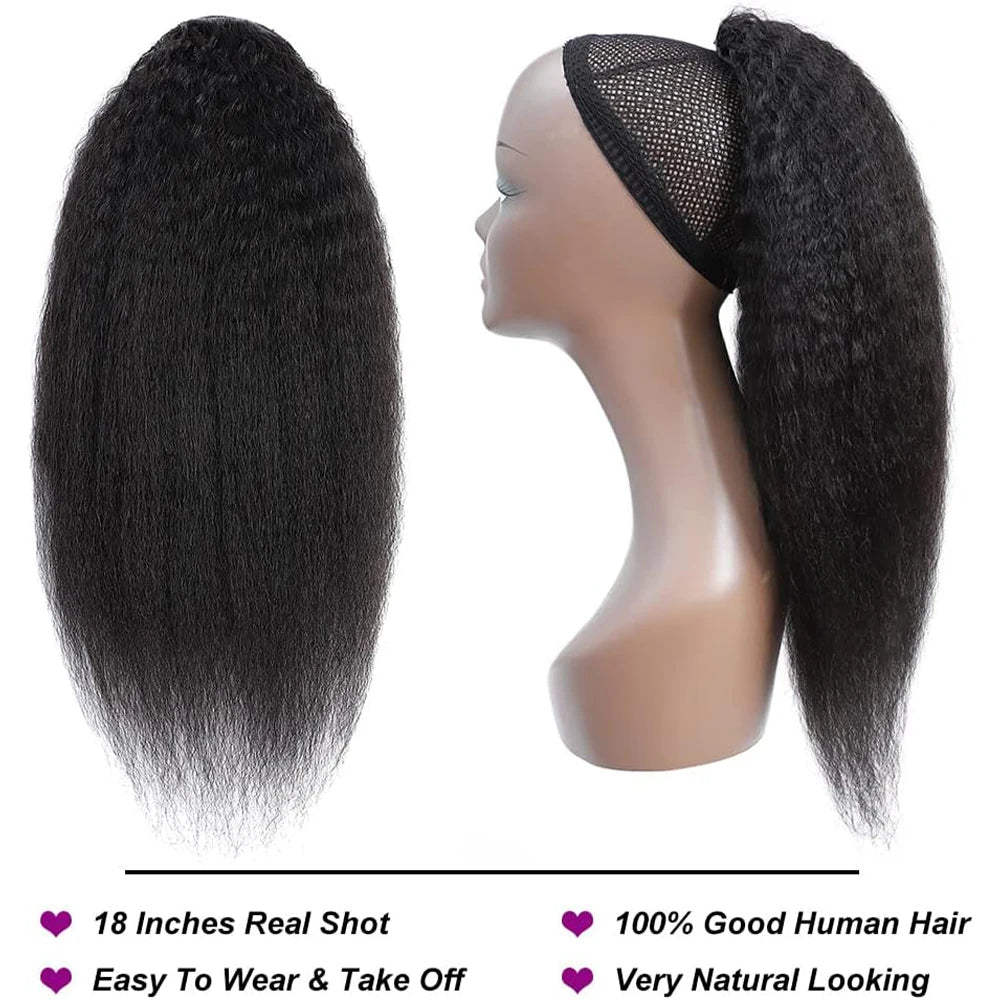 Yaki Straight 100% Human Hair Drawstring Ponytail Natural Black #1B