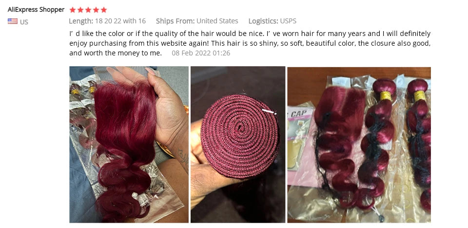 Body Wave Human Hair Bundles With Closure - Burgundy Color in Various Lengths