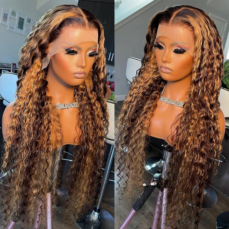 Deep Wave Curly Highlight Honey Brown Lace Front - Human Hair Wigs