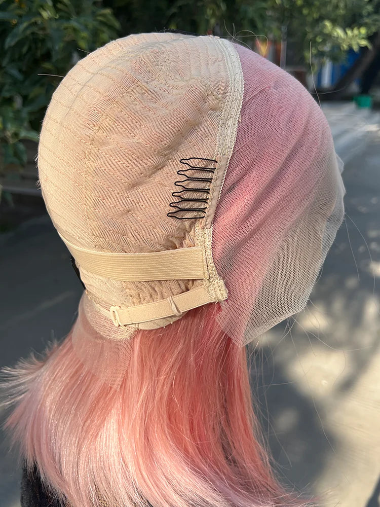 Rose Pink Short Straight Bob Pre Plucked HD Transparent Lace Front Human Hair Wig
