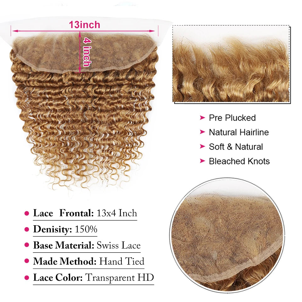 #27 Honey Blonde Deep Wave Human Hair Transparent Lace Closure or Frontal