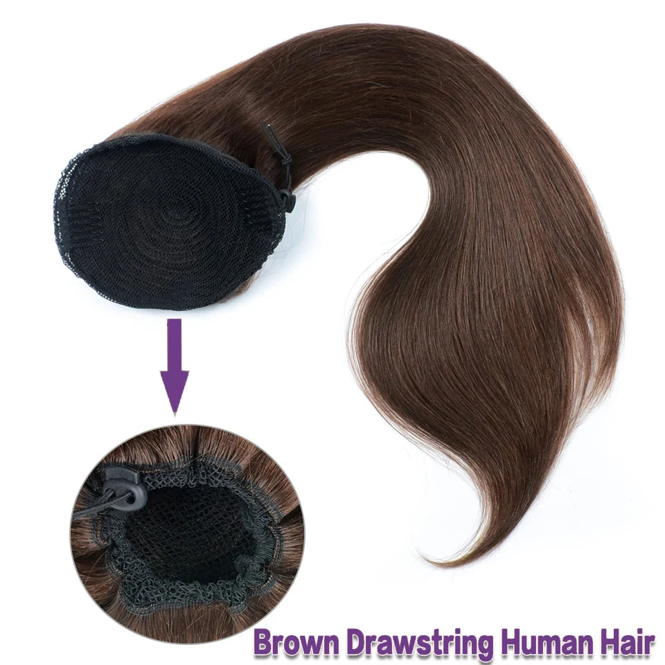Straight Drawstring Ponytail #4 Medium Brown Color Brazilian Remy Human Hair