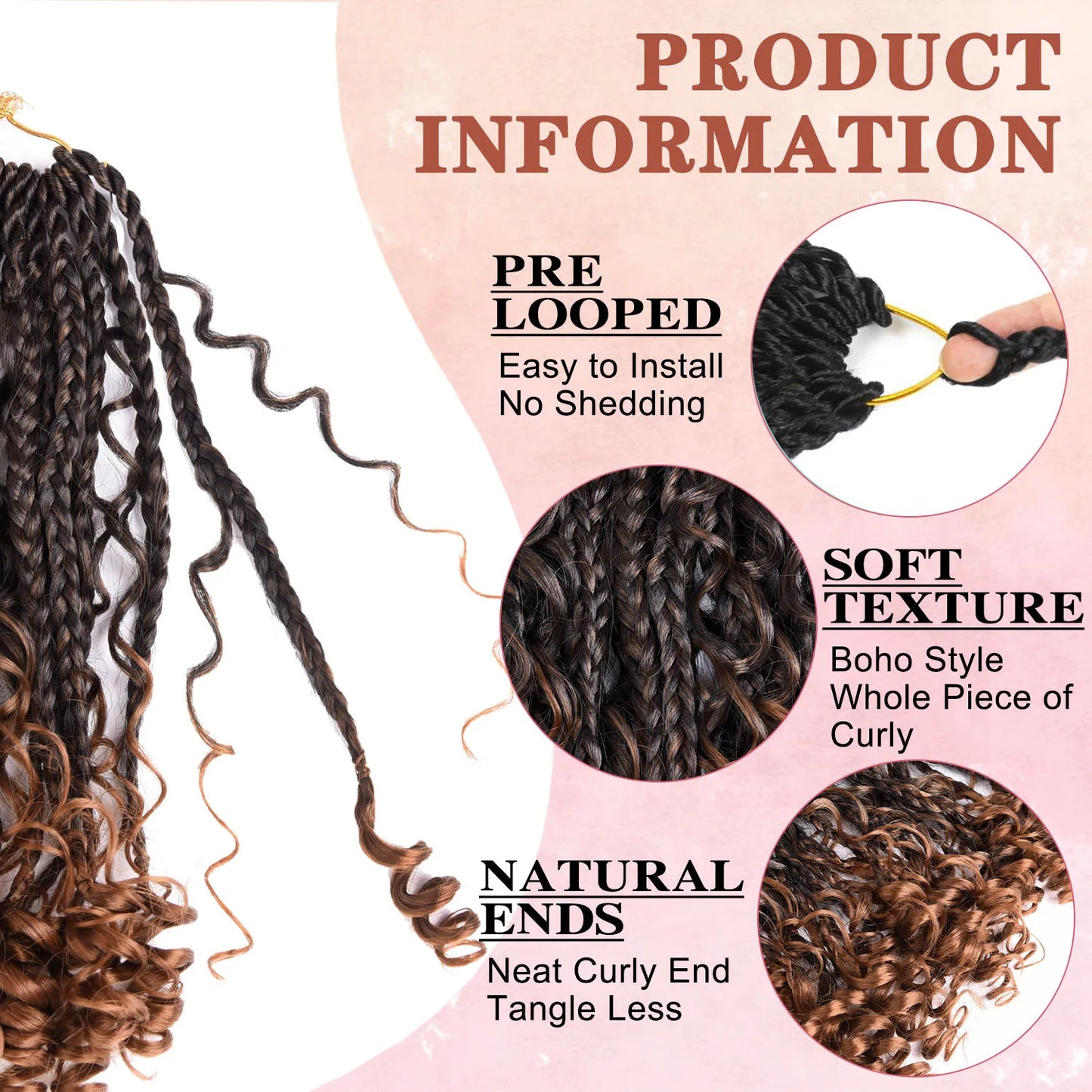 Curly Goddess Box Braids - Crochet Synthetic Hair, 1pc & 8pcs/ Various Colors Available