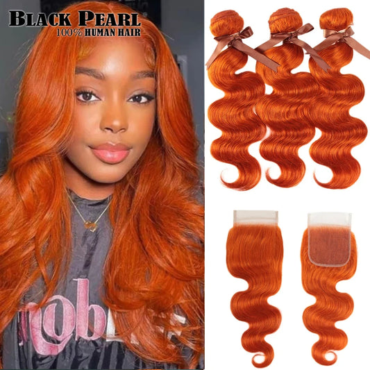 Black Pearl Ginger Orange Bundles With Closure - Brazilian Body Wave Human Hair