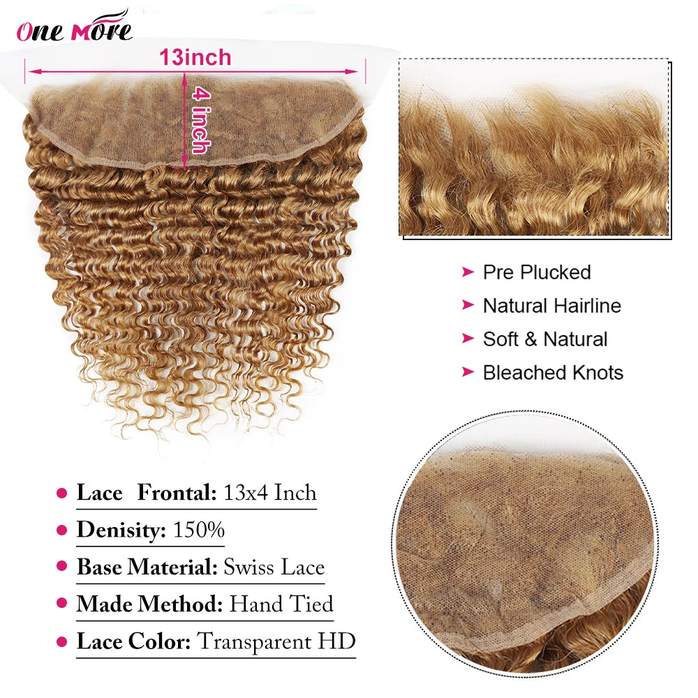 #27 Honey Blonde Deep Wave Human Hair Transparent Lace Closure or Frontal