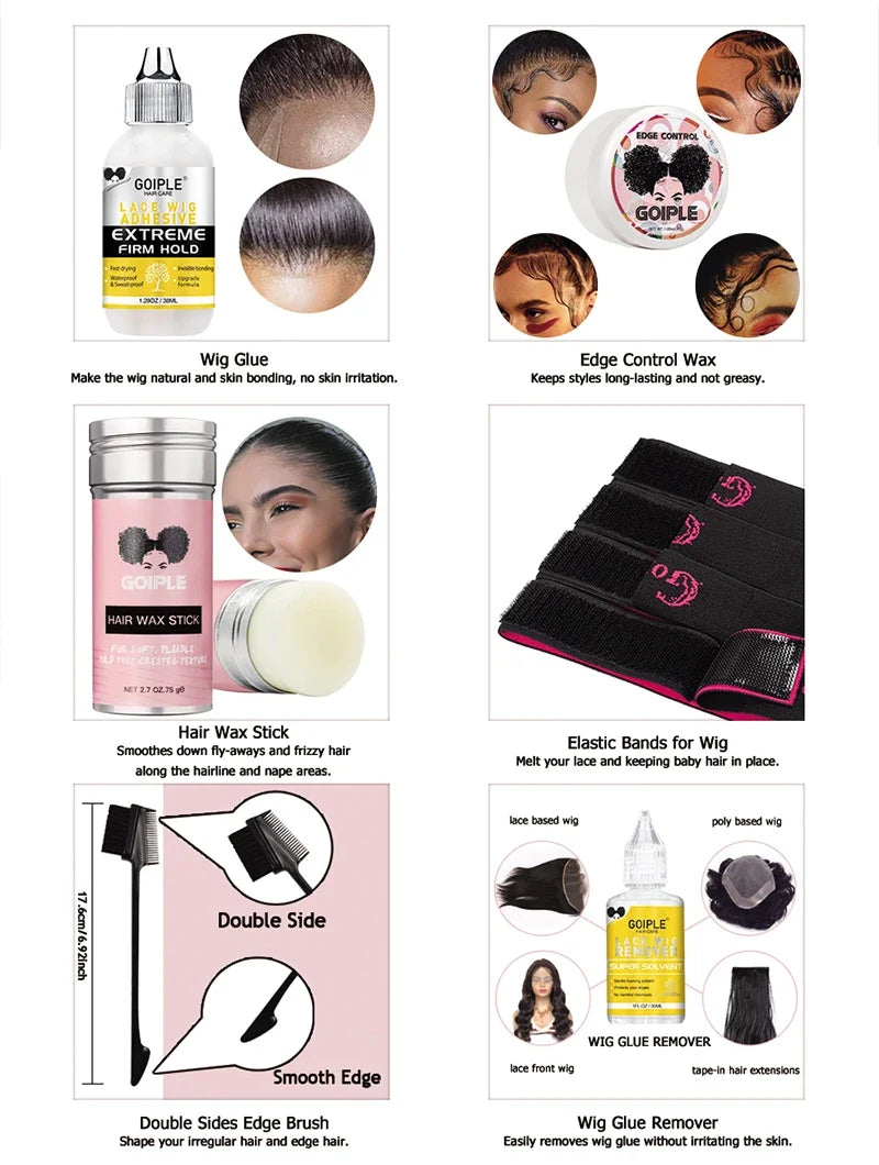 Lace Front Styling Kit - Melting Spray, Invisible Wig Glue (Waterproof) & Remover, Edge Control Gel Wax Stick and Wig Caps